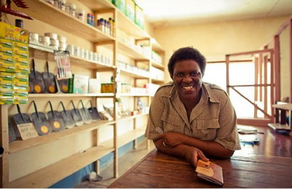  Flora Kahumbe passes on knowledge, as well as selling farm inputs, in her shop by Monkey Bay in Malawi. ONE/Morgana Wingard 