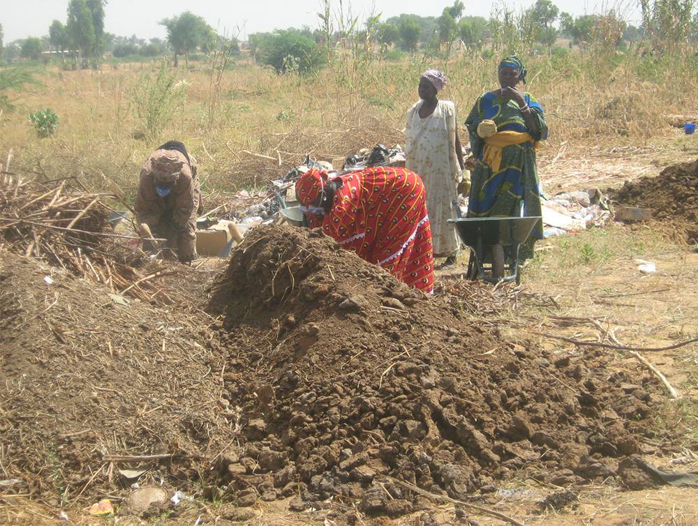 Group of farmers near composting pile
