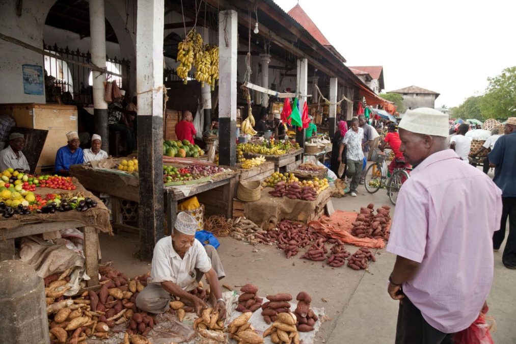 Locals peruse for food at an open-air market in Tanzania, Africa.